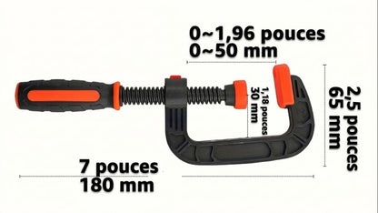 Schéma technique des dimensions d'un serre-joint en C de 7 pouces (180 mm) avec détails de l'ouverture et de la profondeur de gorge
