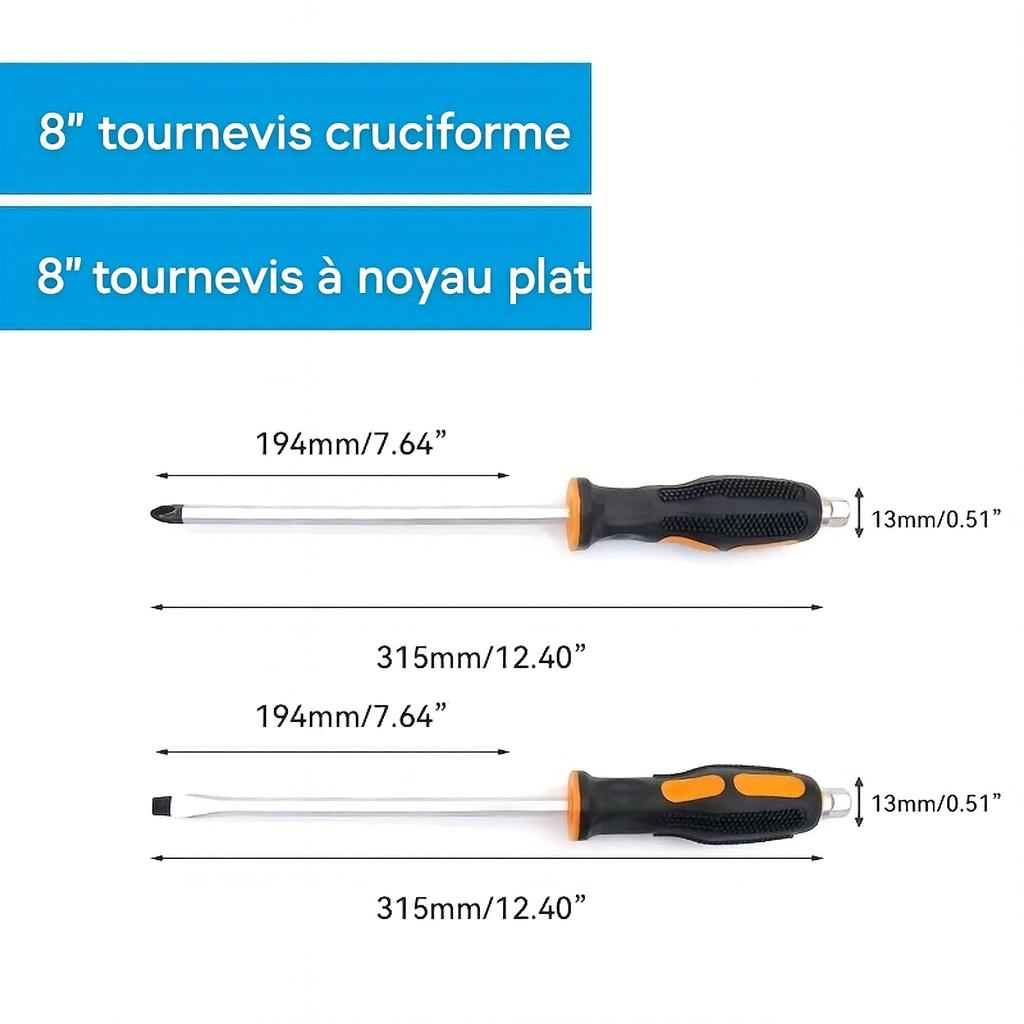 dimensions deux tournevis a frapper , cruciforme et plat, couleur orange et noire , huit pouces