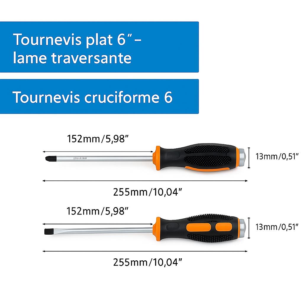dimensions deux tournevis a frapper , cruciforme et plat, couleur orange et noire , six pouces