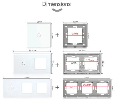 dimensions panel differents possibilites  Interrupteur tactile va et vient blanc en verre trempe mur salon