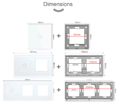 dimensions panel differents possibilites , interrupteur va et vient 