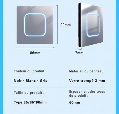 dimensions de l'Interrupteur mural en verre trempé avec indicateur LED bleu intégré