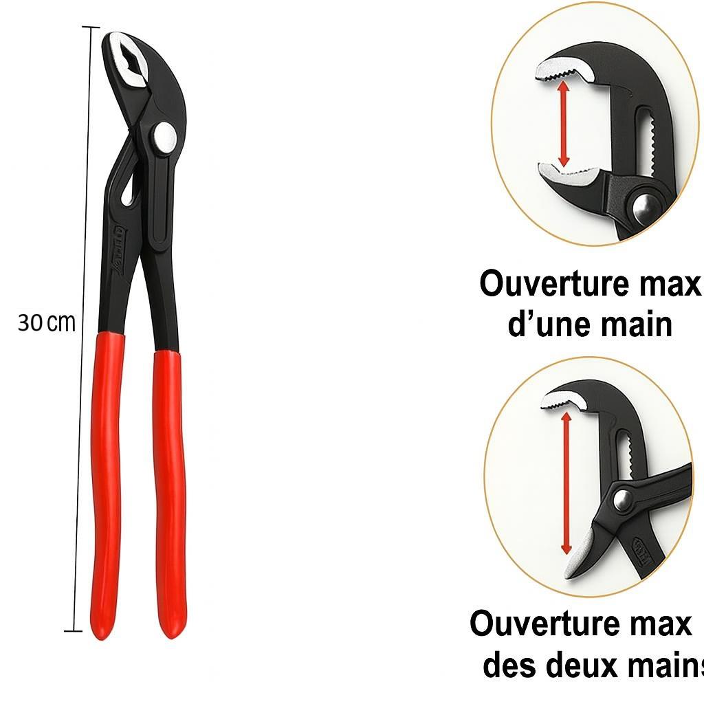 Dimensions pince poignée rouge ouverture max 30cm