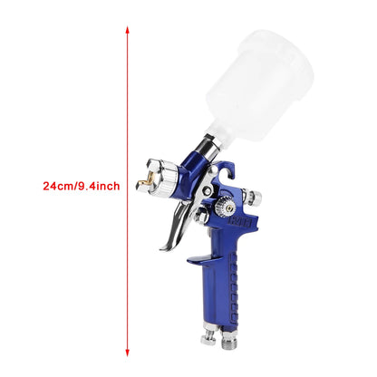 Dimension du pistolet peinture bleu avec réservoir blanc et buse