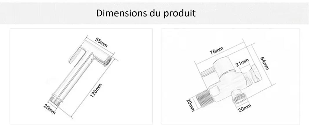 dimensions pulverisateur et vanne de Douchette WC