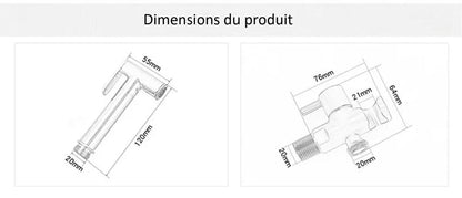 dimensions pulverisateur et vanne de Douchette WC