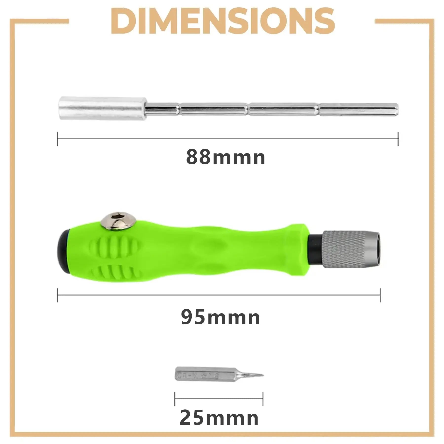 dimensions tournevis de precision poignee verte ,ambout et manchon