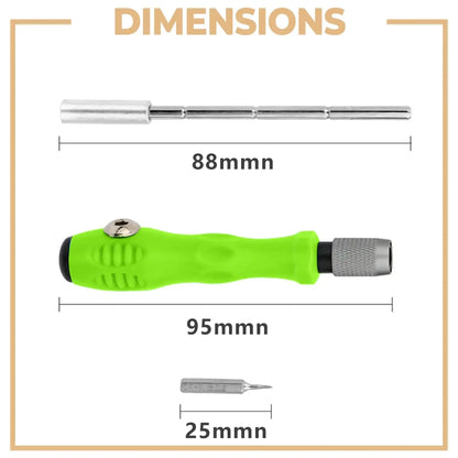 dimensions tournevis de precision poignee verte ,ambout et manchon