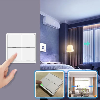 doigt appui sur  interrupteur connecté, commande allumage appliques chambre a coucher violette, luminaires salle a manger