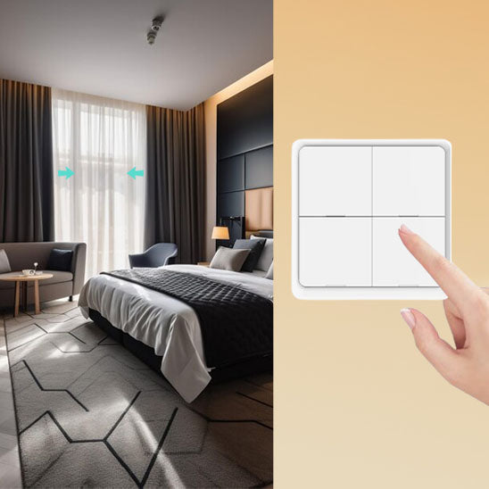 doigt appui sur  interrupteur connecté, commande ouverture rideaux chambre a coucher grise