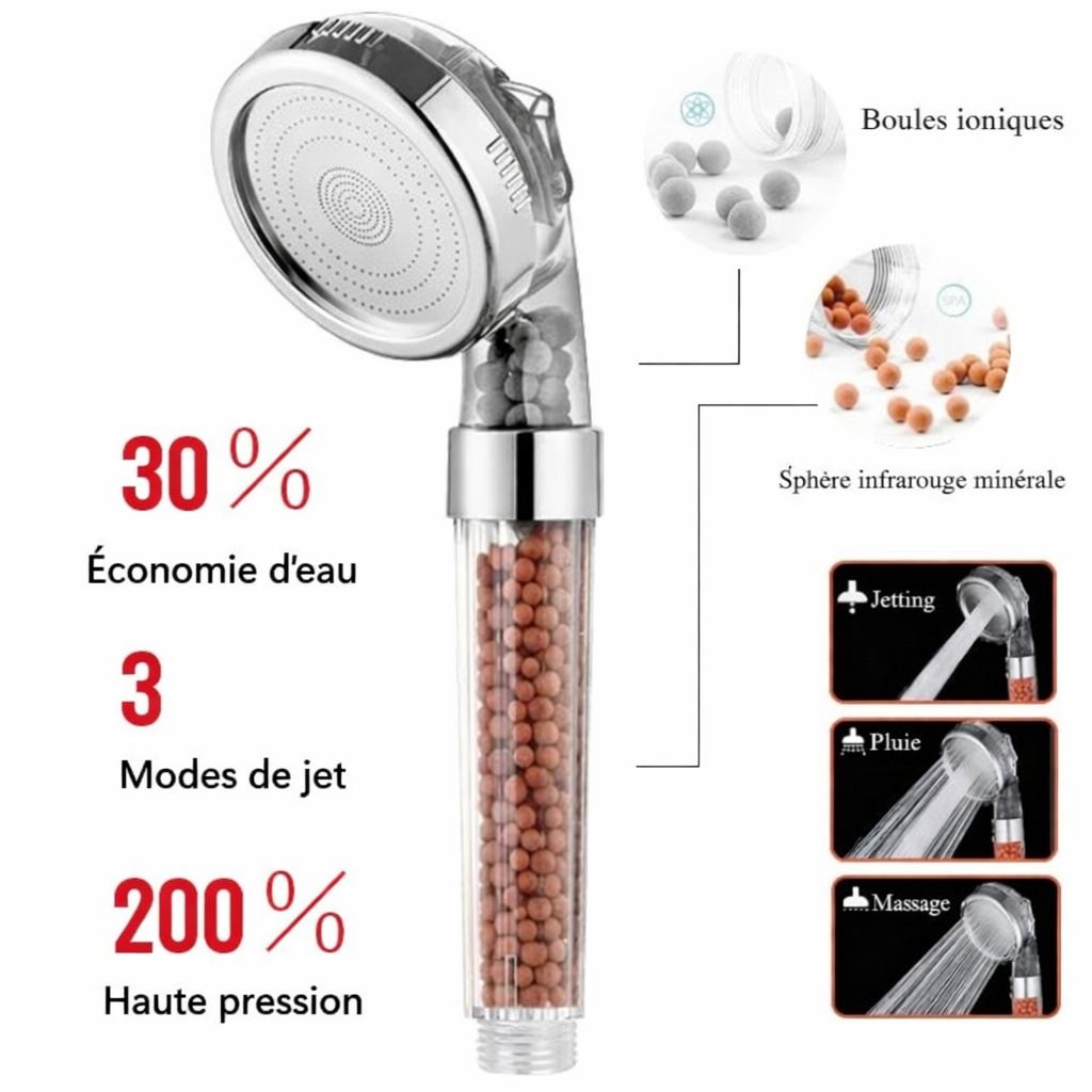 Pommeau de douche filtrant avec boules minerales marrons, trois modes pluie , massage , jet eau