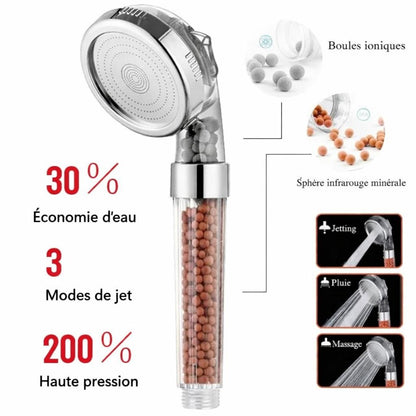 Pommeau de douche filtrant avec boules minerales marrons, trois modes pluie , massage , jet eau