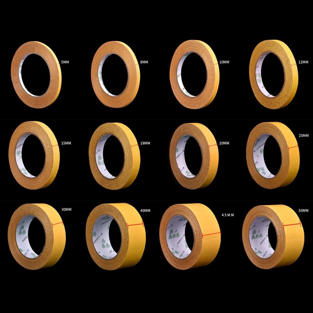douze rouleaux de ruban adhésif transparent double faces jaunes de différentes épaisseurs