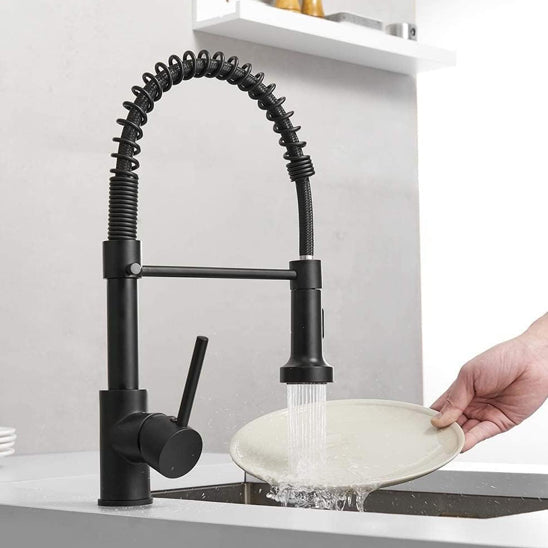 Eau coule du Robinet cuisine extractible noir dans l'assiette