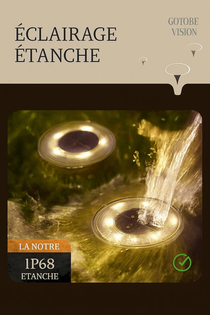 Éclairage étanche deux Lampe solaire exterieur allumées, étanche sous eau dans le jardin sur le gazon