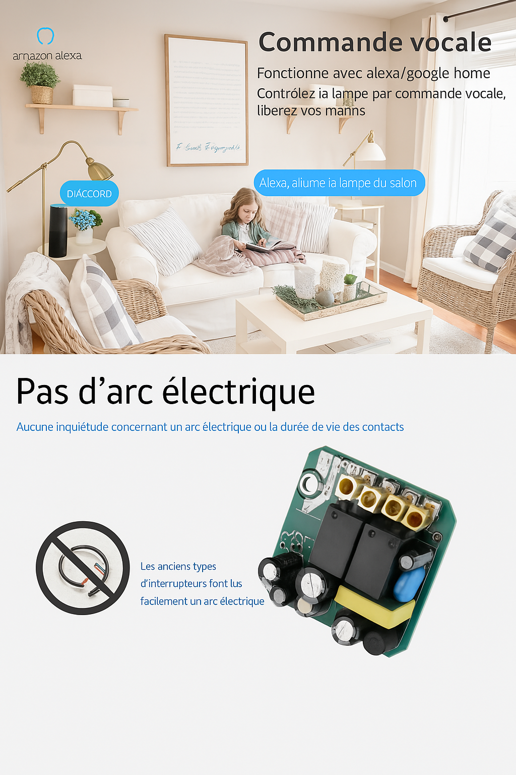 enfant commande vocale interrupteur connecte allumer a distance , securite ,pas arc electrique