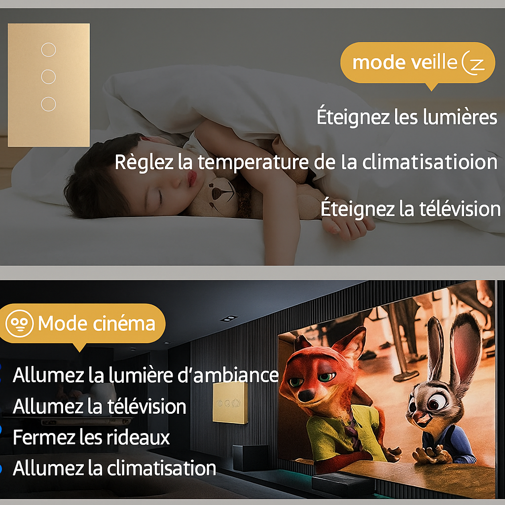 enfant dort dans chambre , interrupteur commande lumiere , clim, tv dans chambre en mode veille ou cinéma