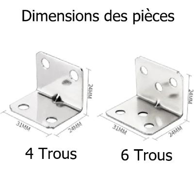 equerre de fixation Dimensions pieces quatre six trous 