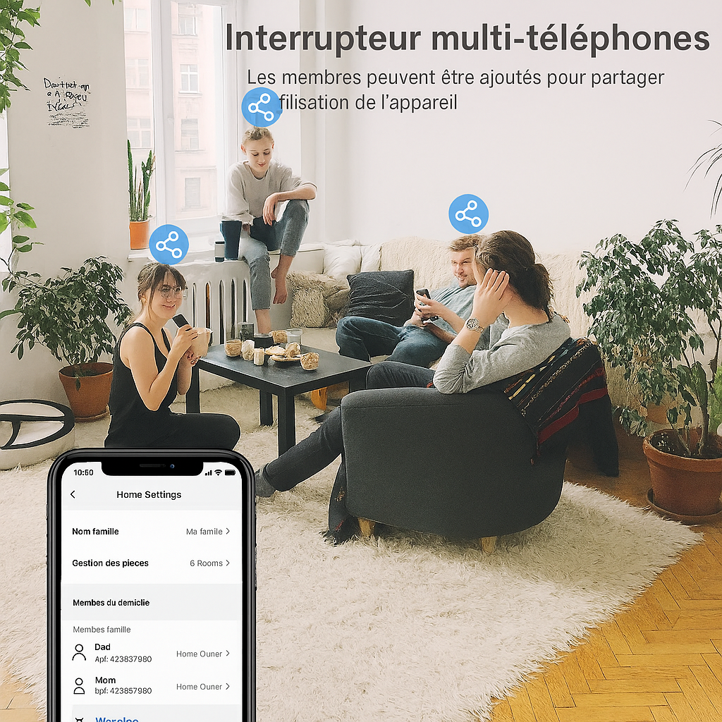 famille dans salon utilise interrupteur connecte multi-telephone
