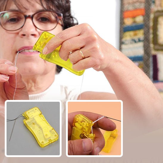 femme avec lunettes utilise Enfile-aiguille-jaune-couture-rapide-sans-stress