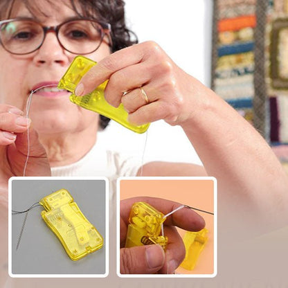 femme avec lunettes utilise Enfile-aiguille-jaune-couture-rapide-sans-stress