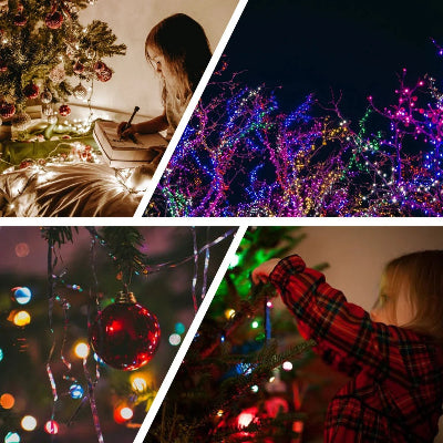 Fille écrit cahier, fille décore Noël avec Guirlande de Noël, différentes Décorations Noël