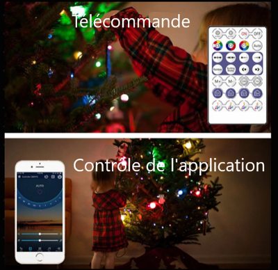 Fille robe à carreaux rouge, noir décore arbre Noël avec Guirlande de Noël, télécommande blanche