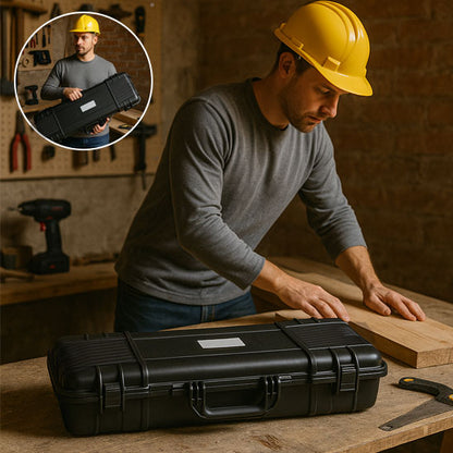 homme avec casque jaune  utilise Caisse a outils,  Organisateur de boîte ,homme tenant caisse a outils