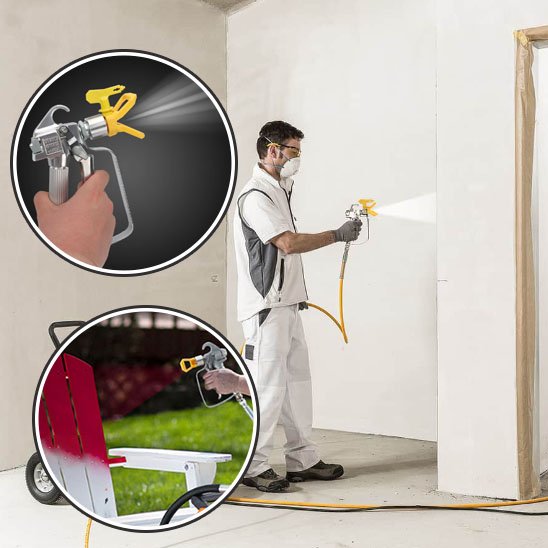 homme avec masque et tenue blanche  peint avec Pistolet peinture jaune-rouge, mur en blanc