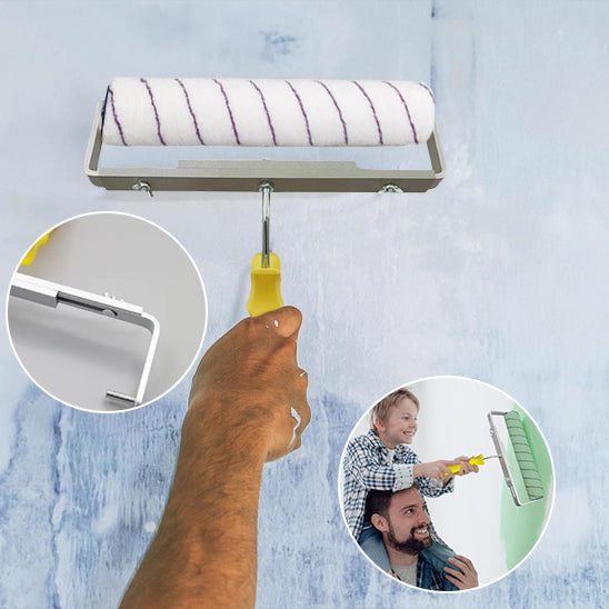 homme barbu autour du cou ,enfant peint mur avec Rouleau peinture à poils courts bras tenant rouleau painture