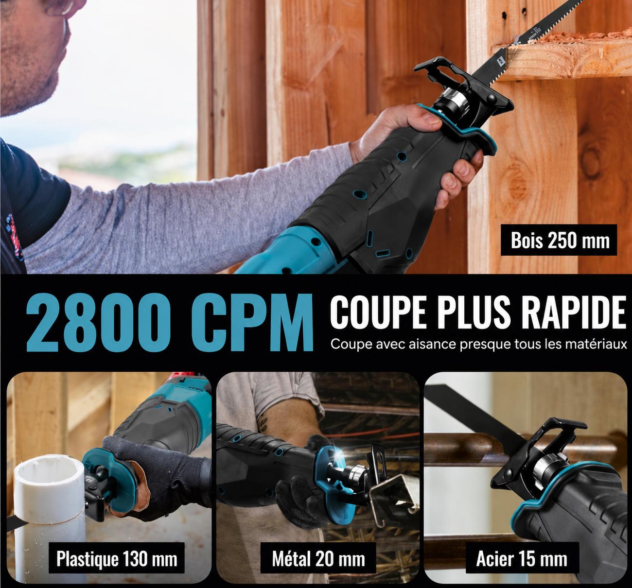 homme coupe avec Scie Sabre Alternative Sans Fil ,planches bois dans menuiserie, plastique,métal et tube acier