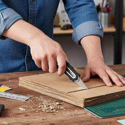 homme coupe carton avec Cutter sur table de decoupe