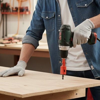 homme avec gants blancs  tient perceuse avec scie cloche rouge atelier 