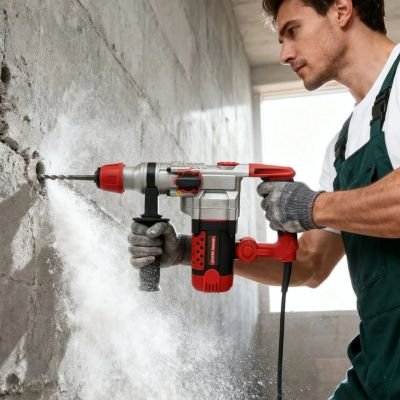 Homme perce mur béton avec perceuse perforatrice rouge et blanc, marteau perforateur