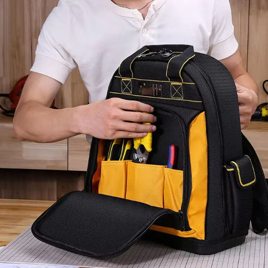 homme pull blanc ouvre Sac a outils noir jaune pochette externe outils