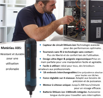 homme repare ordinateur avec Tournevis electrique sans fil caractéristiques