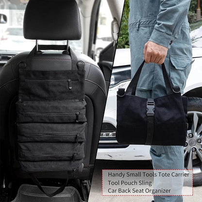 Homme salopette bleue tient Sac a outils fermé, enroulable portable, caisse a outils 