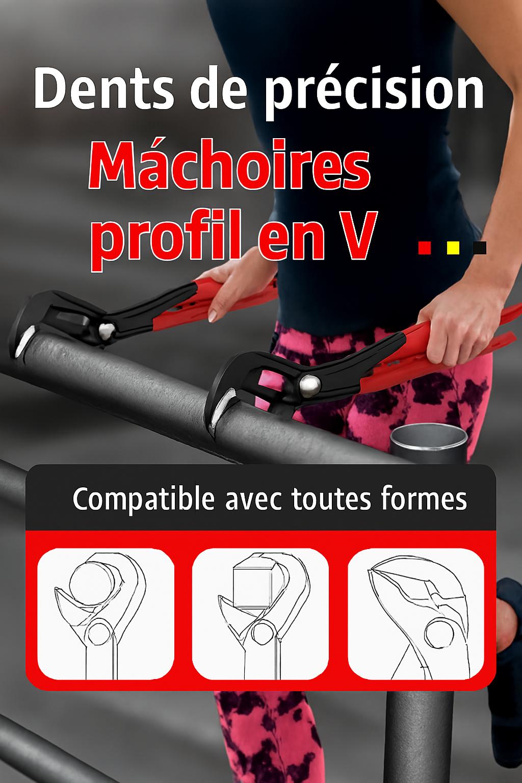 homme tient deux Pince multiprise , poignee rouge,tuyau en metal