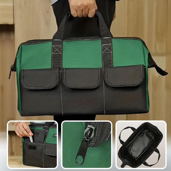 homme tient sac pour outils vert noir pratique
