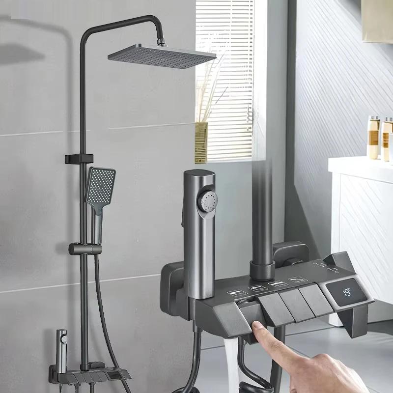 Colonne de douche |Système de Douche Thermostatique à Affichage Numérique – Colonne de Douche Pluie Style Piano Gris avec Mitigeur Digital & Bidet