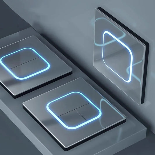 Interrupteurs muraux en verre trempé noir avec indicateur LED bleu intégré
