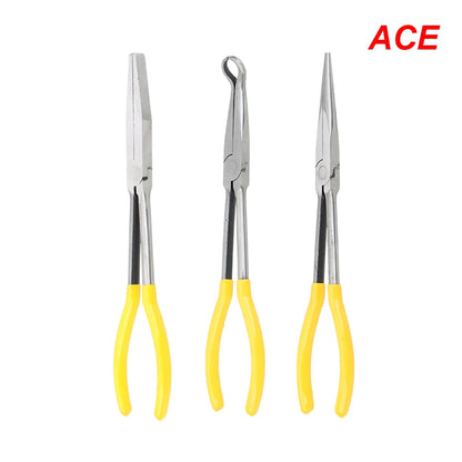 Jeu de trois pince , bec, long , rond, courbe, poignées ergonomiques jaunes