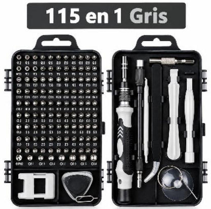 Kit de tournevis de précision 115 en 1 gris avec embouts variés et outils pour réparer les appareils électroniques