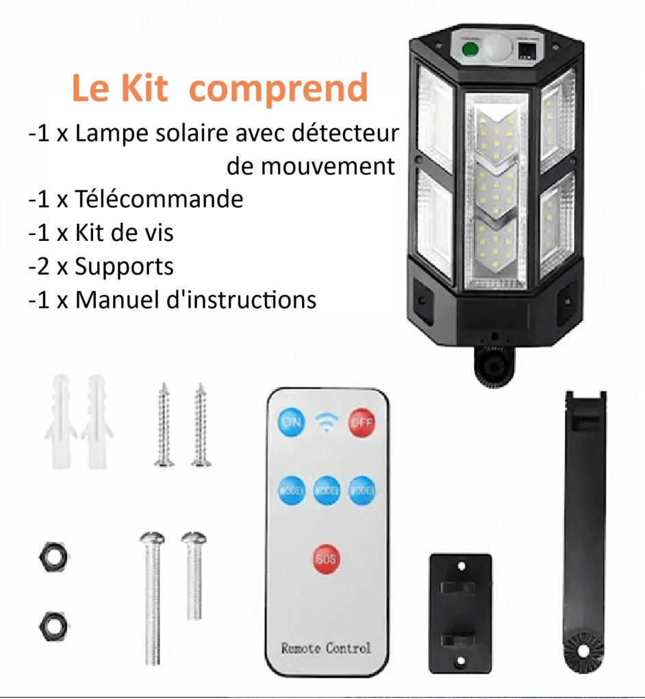 Kit Lampe solaire extérieur, vis, manuel, instructions, supports, télécommande