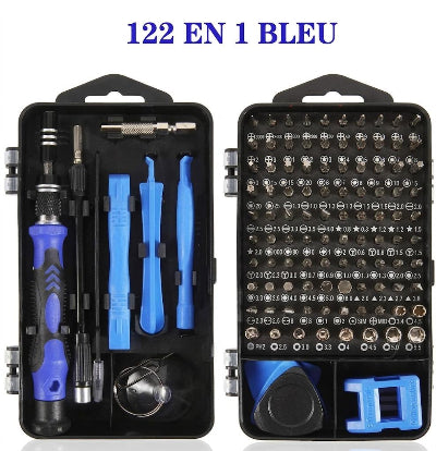 Kit de réparation 122 en 1 bleu avec tournevis de précision, spatules et tapis mémoire à vis