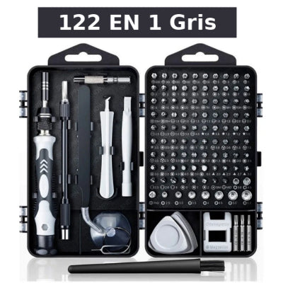 Kit de réparation 122 en 1 gris avec tournevis de précision et embouts interchangeables