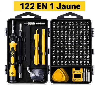 Kit de réparation 122 en 1 jaune avec tournevis de précision, spatules