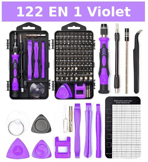 Kit de réparation 122 en 1 violet avec tournevis de précision, spatules et tapis mémoire à vis