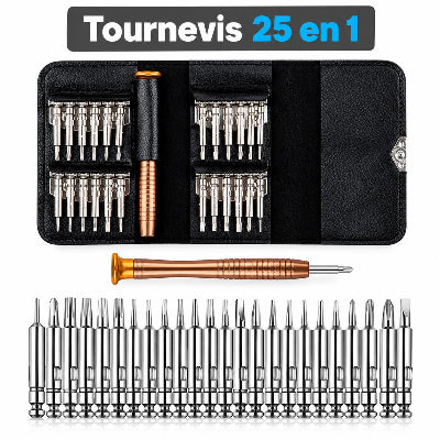 Kit tournevis 25 en 1 avec embouts de précision et étui de rangement pour réparation d’appareils électroniques