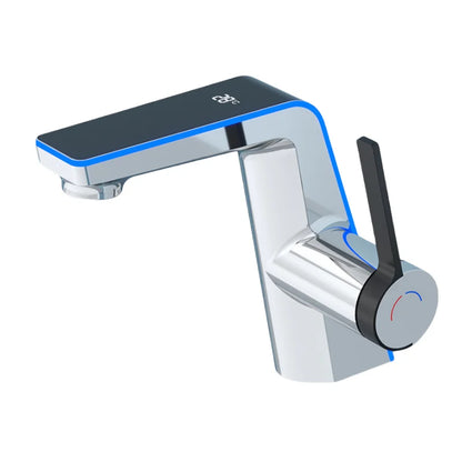 Mitigeur lavabo chromé  à poignee noire et led bleue 